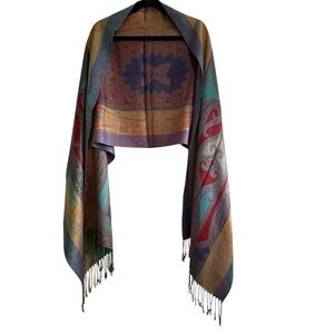 Jewel Toned Turquoise Blue Purple Red Pink Yellow Orange Ornate Shawl Wrap Scarf
